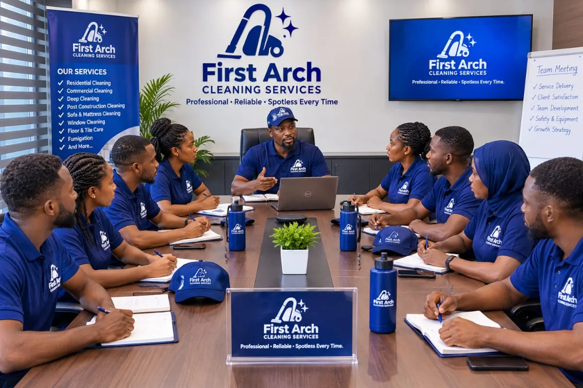 Cleaning team briefing before a job